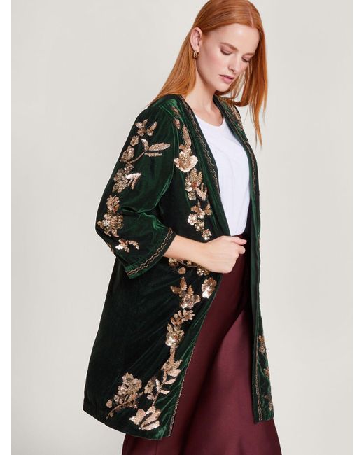 Monsoon Green Kiara Embroidered Velvet Kimono