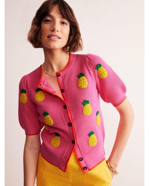 Boden Pink Embroidered Pineapples Short Sleeve Cardigan