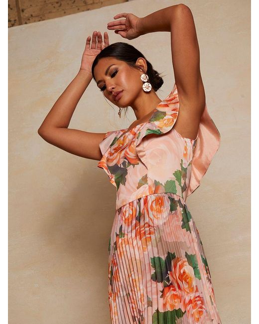 Chi Chi London Ruffle Floral Print Pleated Midi Dress in Brown