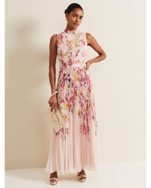 Phase Eight Natural Dahlia Floral Print Pleated Maxi Dress