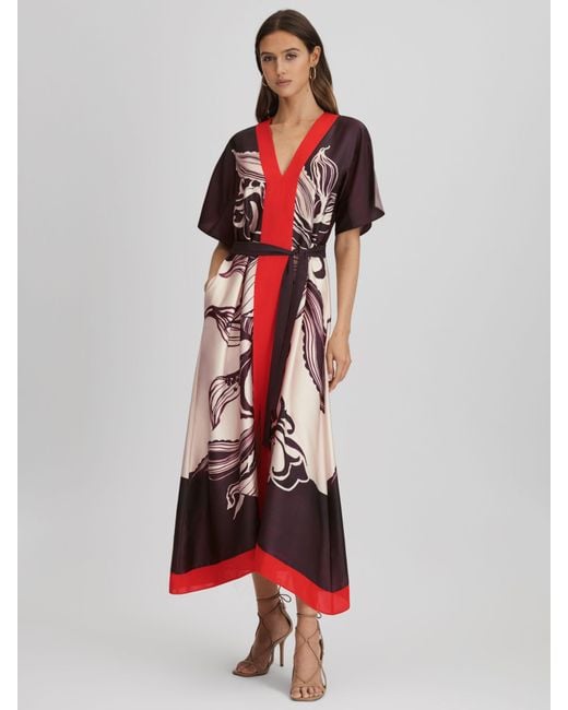 Reiss Red Hanna - Ivory/burgundy Petite Printed Front Split Midi Dress