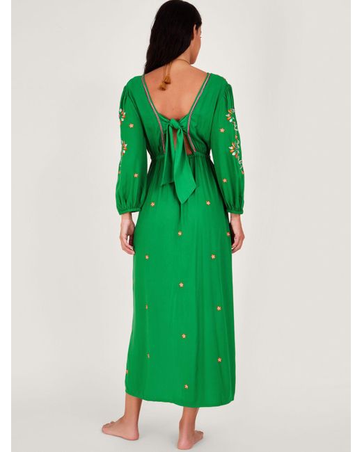 Monsoon Embroidered Maxi Kaftan Dress Green