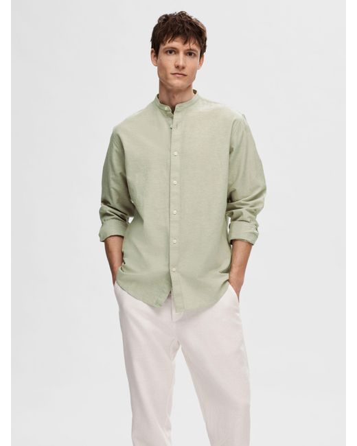 SELECTED Green Band Collar Linen Cotton Blend Shirt for men