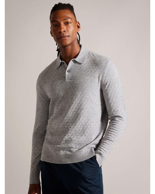 Ted Baker Gray Morar Long Sleeve Stitch Knitted Polo for men