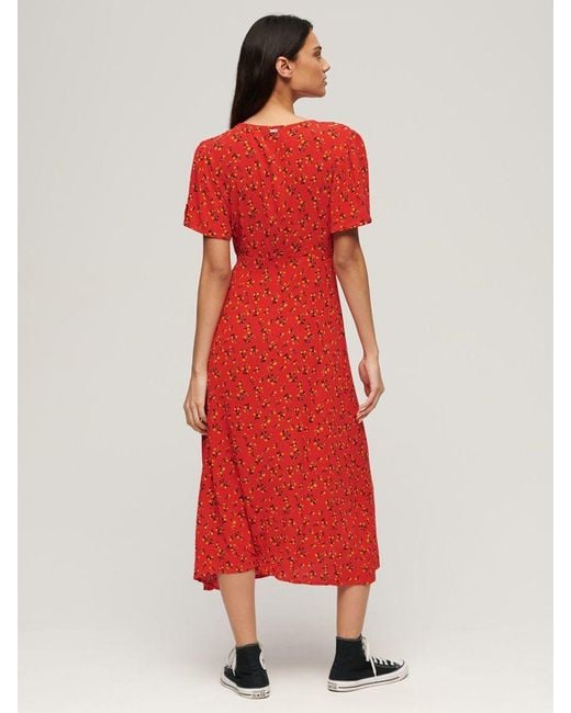 Superdry Red Printed Button Short Sleeve Midi Tea Dress