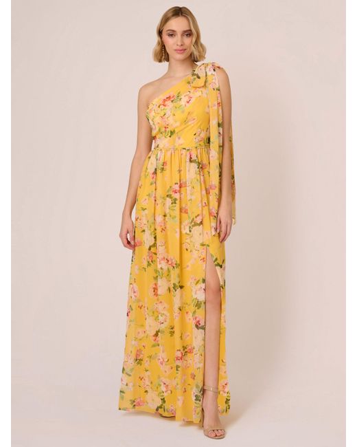 Adrianna Papell Yellow One Shoulder Floral Chiffon Maxi Dress