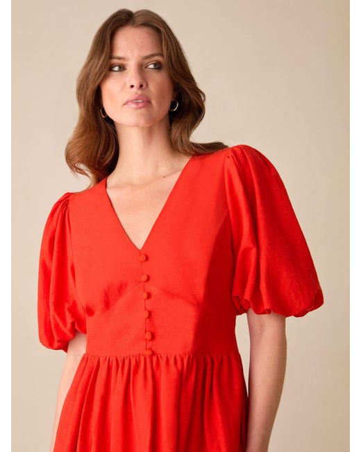 Ro&zo Petite Red Puff Sleeve V Neck Midi Dress