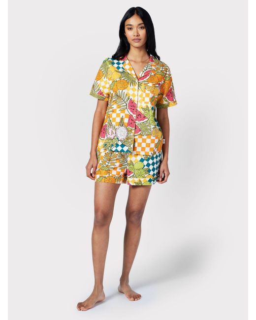 Chelsea Peers Yellow Linen Blend Fruit Checkerboard Short Pyjama Set