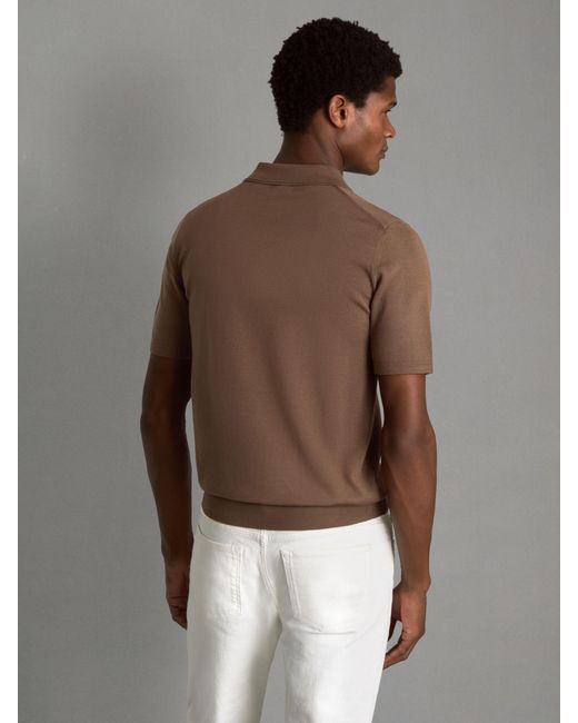 Reiss Brown Maxwell Merino Zip Neck Polo Shirt for men