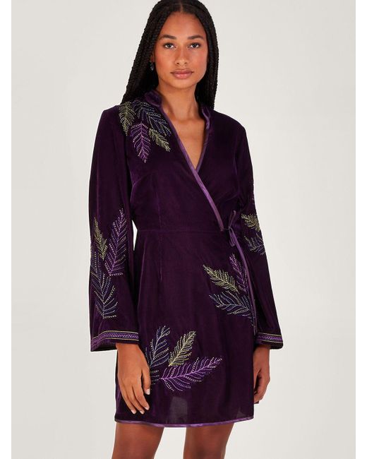 Monsoon Purple Navi Feather Embellished Velvet Wrap Dress