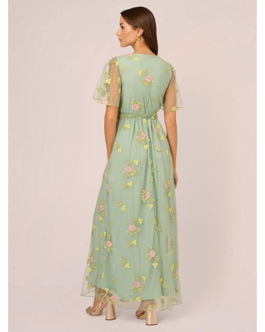 Adrianna Papell Green Embroidered Flutter Sleeve Maxi Dress