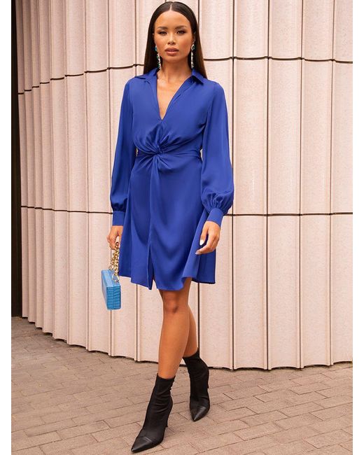 Chi Chi London Blue Satin Plunge Dress