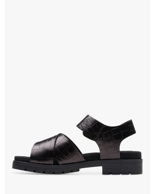 Clarks Black Orinocco Wide Fit Textured Leather Cross Strap Sandals