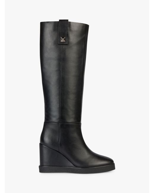 Geox Black Elidea Wide Fit Leather Wedge Heel Knee High Boots