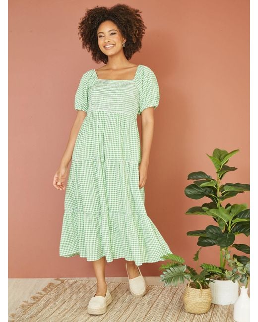 Yumi' Green Gingham Smock Midi Dress