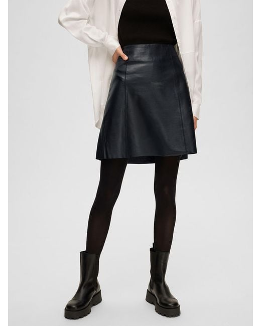 SELECTED Black Leather A-line Skirt