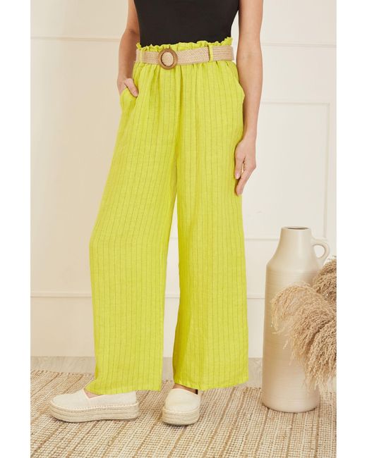 Yumi' Yellow Italian Linen Striped Wide Leg Trousers & Belt