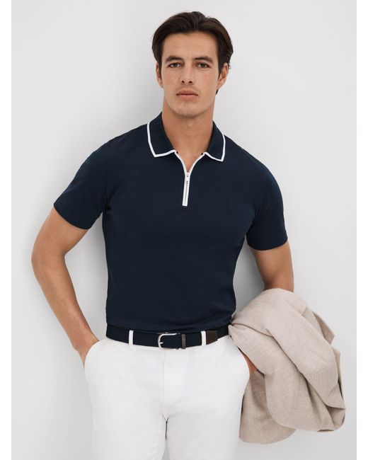 Reiss Blue Cannes Short Sleeve Cotton Ribbed Polo Shirt for men