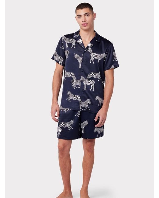 Chelsea Peers Blue Zeba Short Shirt Satin Pyjama Set for men