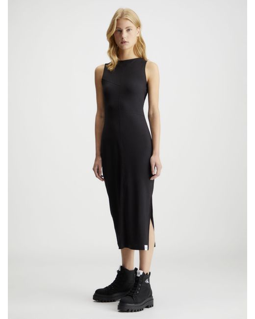 Calvin Klein Black Ribbed Cotton Blend Midi Dress