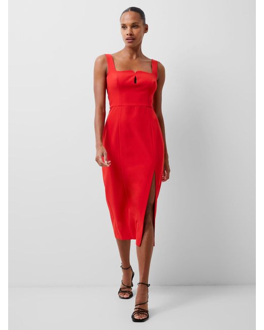 French Connection Red Echo Crepe Bust Detail Midi Dress