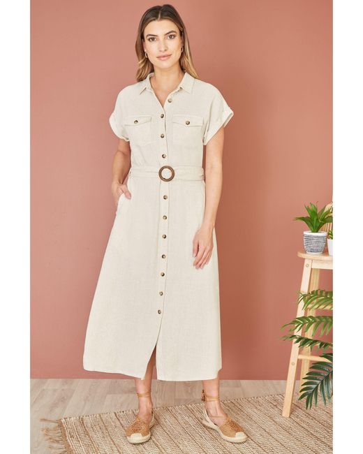 Yumi' Natural Linen Look Midi Shirt Dress