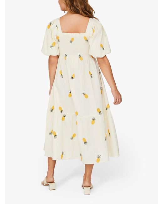 A-View Natural Cheri Pineapple Print Puff Sleeve Midi Cotton Dress
