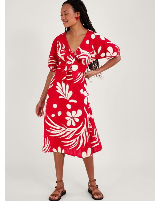 Monsoon Red Large Palm Print Tie Front Midi Dress