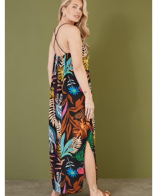 Yumi' Green Tropical Print Strappy Maxi Dress