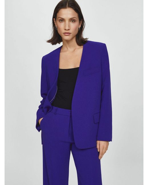 Mango Blue Pompeya Collarless Suit Blazer