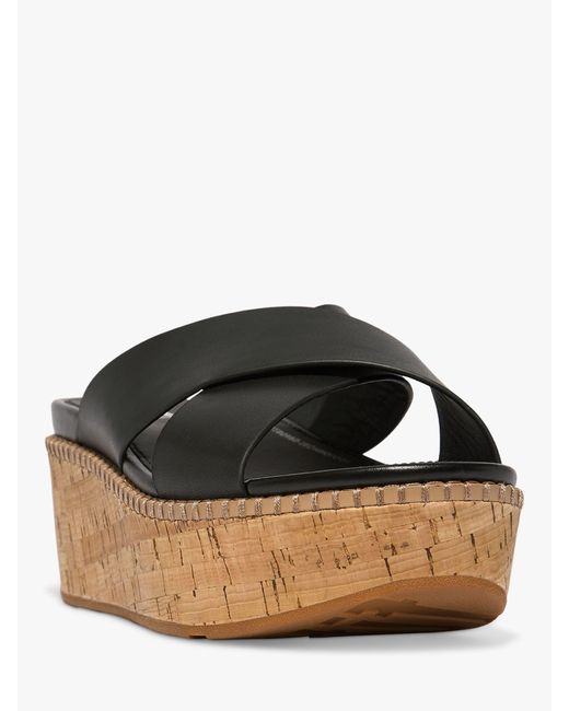 Fitflop Black Eloise Cross Leather Strap Cork Wedge Mules