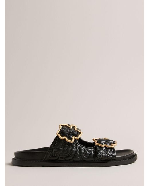 Ted Baker Black Rinnely Leather Quilted Magnolia Buckle Sandals