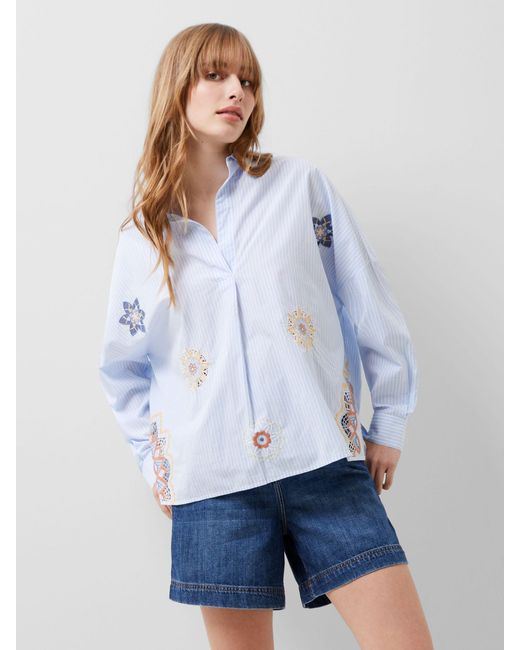 French Connection Blue Rhodes Poplin Embroidered Popover Shirt