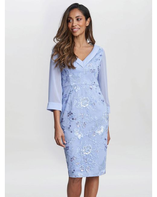 Gina Bacconi Blue Daisy Embroidered Crepe Dress