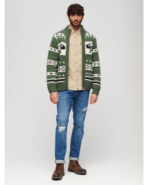 Superdry Green Chunky Knit Patterned Zip Cardigan for men