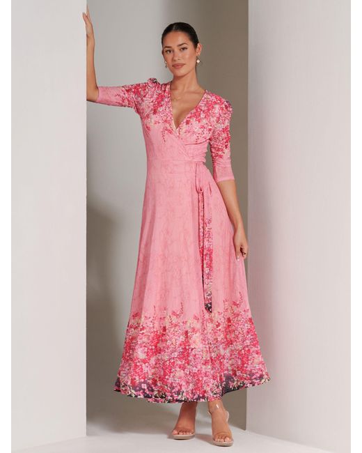 Jolie Moi Pink Peggy Mirrored Floral Print Mesh Maxi Dress