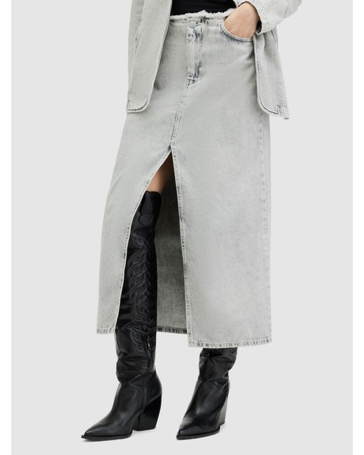 AllSaints Gray Honour Split Front Denim Midi Skirt