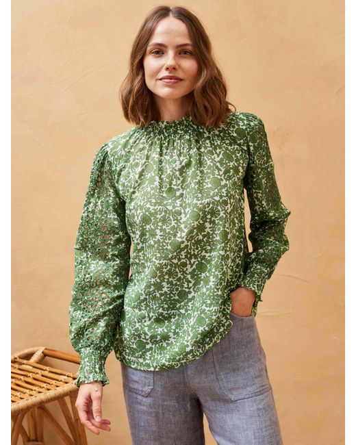 Brora Green Organic Cotton Voile Botanical Print Broderie Blouse