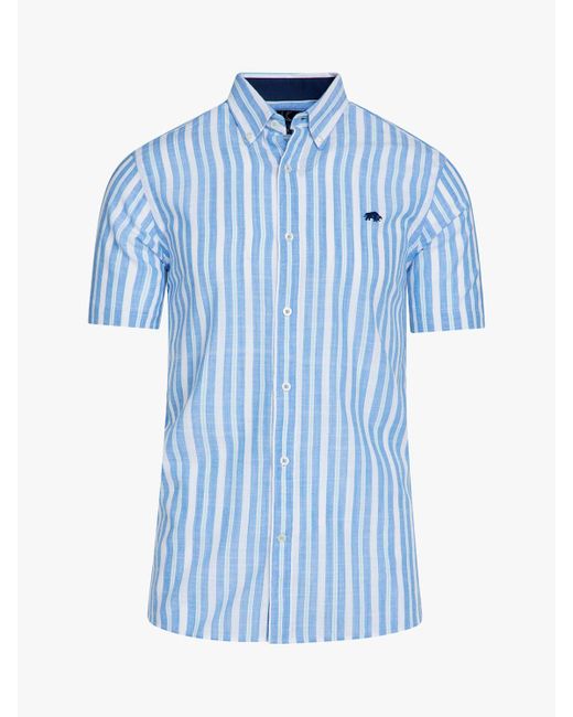 Raging Bull Blue Short Sleeve Multi Stripe Linen Look Shirt for men