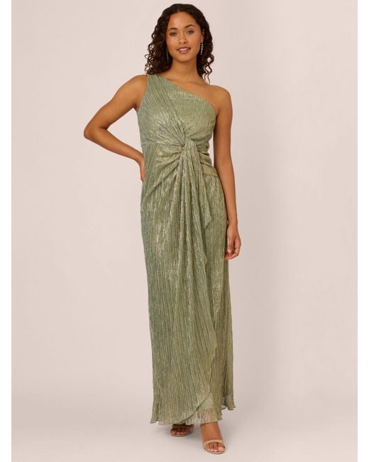 Adrianna Papell Green Stardust Pleated One Shoulder Maxi Dress