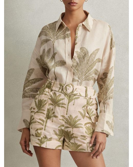 Reiss Brown Cali Palm Print Linen Shorts