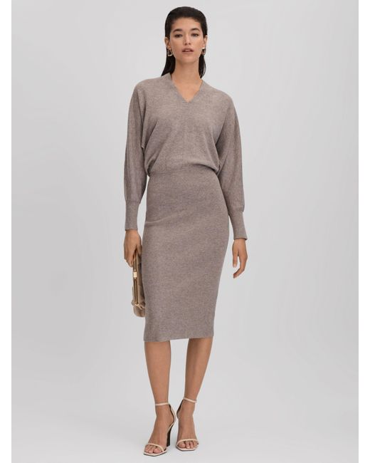 Reiss Gray Petite Cashmere Blend V-neck Knitted Midi Dress