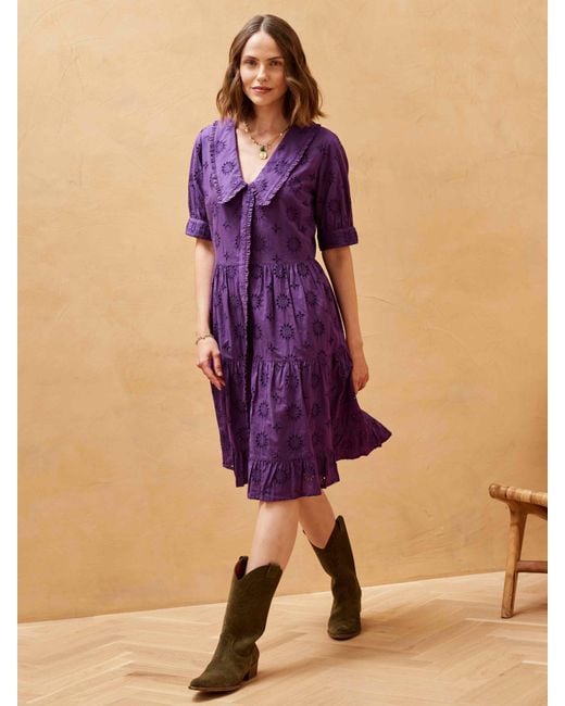 Brora Purple Organic Cotton Broderie Anglaise Tiered Dress