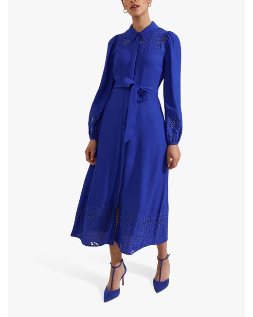 Hobbs Blue Ada Embroidered Midi Shirt Dress