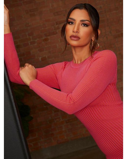 Chi Chi London Red Two Tone Knitted Dress