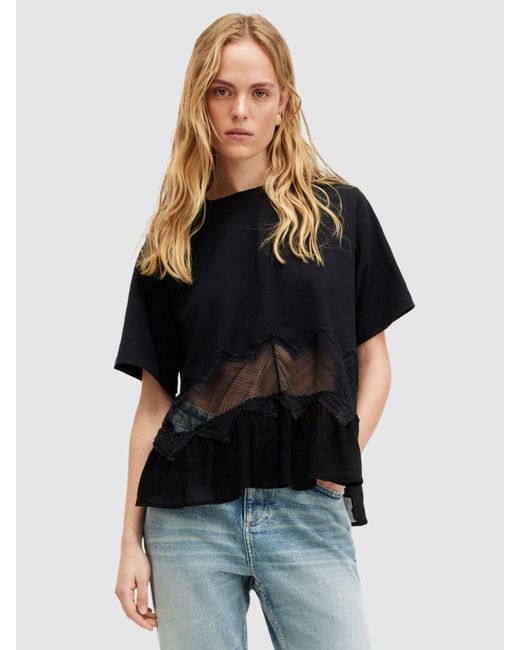 AllSaints Black Gracie Lace Panel Oversized T-shirt