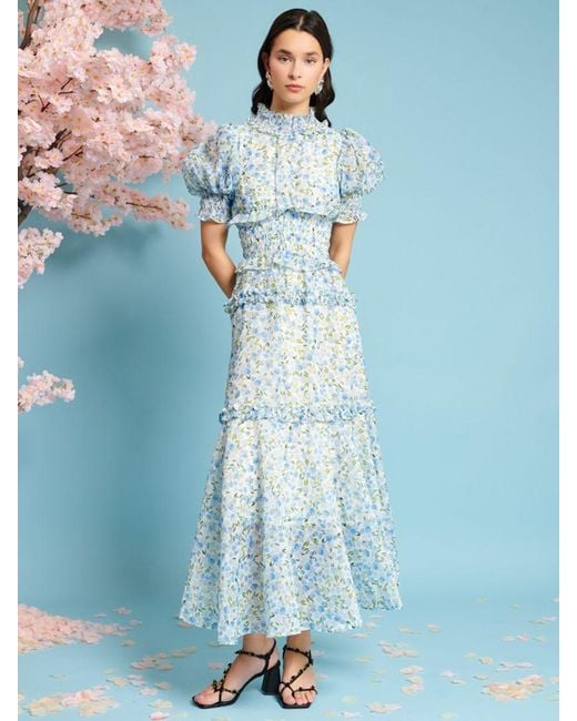 Sister Jane Blue Corolla Floral Print Ruffle Detail Midi Dress