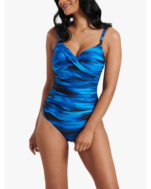 South Beach Blue Printed Cross Over Tummy Control Swimsuit