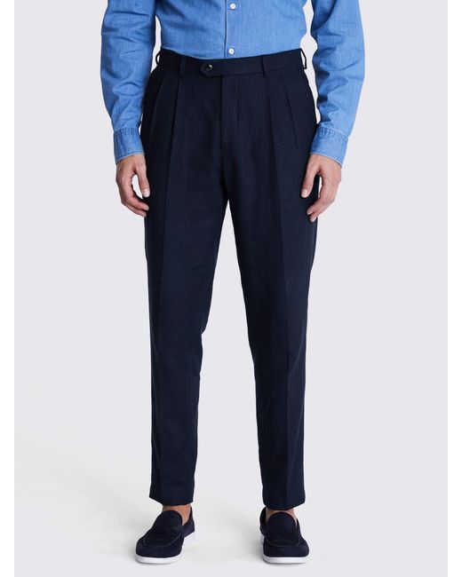 Moss Bros Blue Tailored Fit Herringbone Trousers for men