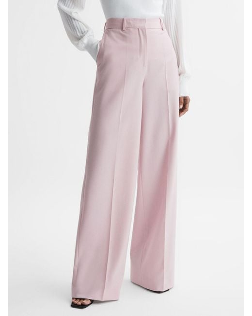 Reiss Pink Evelyn Wool Blend Wide Leg Tailored Trousers
